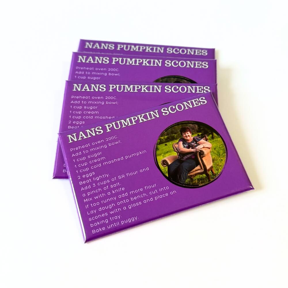 Image shows part of a bulk order of magnets made which displays a cherished family recipe and image of the loved one.