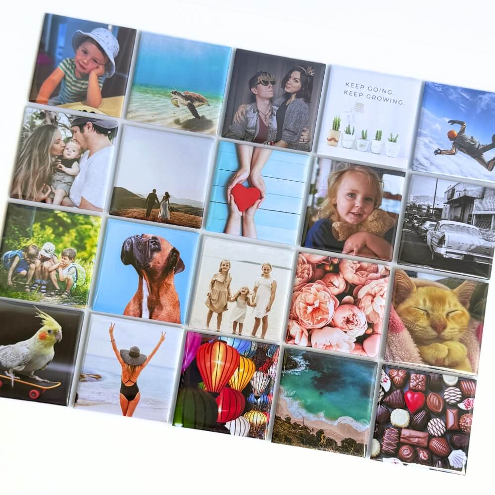Image shows a flat lay of a set of 20 square photo magnets. Displaying their vibrancy, quality and options for images which could be turned into magnets.