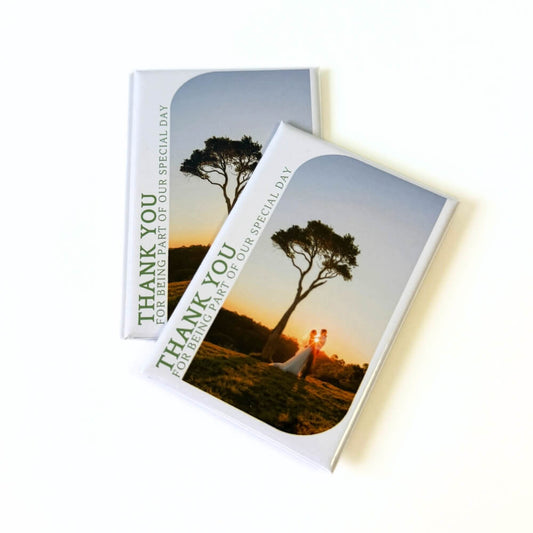 Image displays magnets that are ideal for a thank you option for wedding guests. On the magnet is a wedding day image and text on the side with Thank you for being part of our special day written.