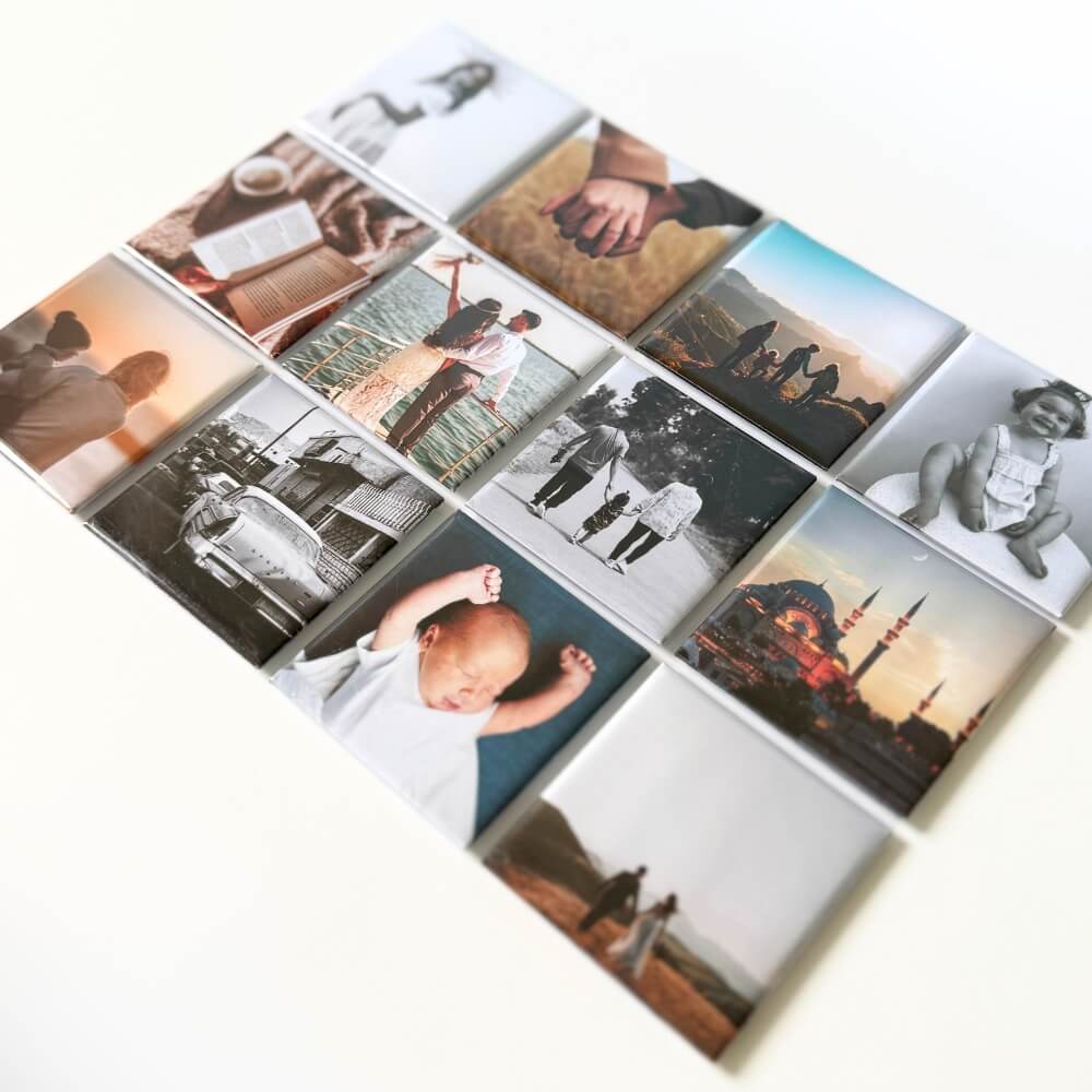 Image shows a flat lay of a set of 12 square photo magnets. Displaying their vibrancy, quality and options for images which could be turned into magnets. This set has a more neutral tone within the images selected